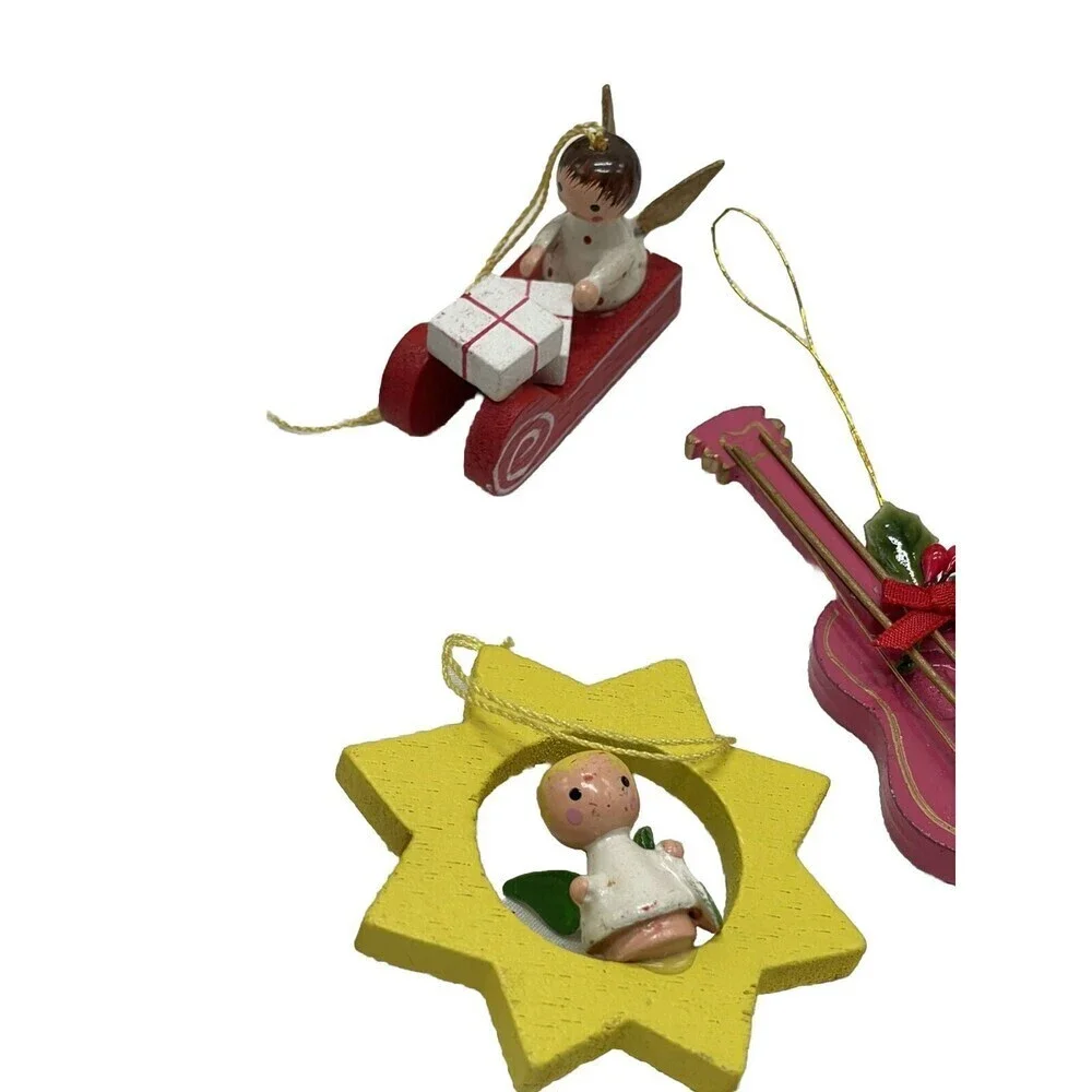 Lot 15 Christmas Ornaments Wood Vintage Mini Wooden Painted Angel Drum Snowman